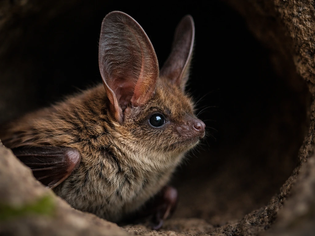 Close-up of a bat perched in shade, showing prominent upright ears and a distinct face angle.