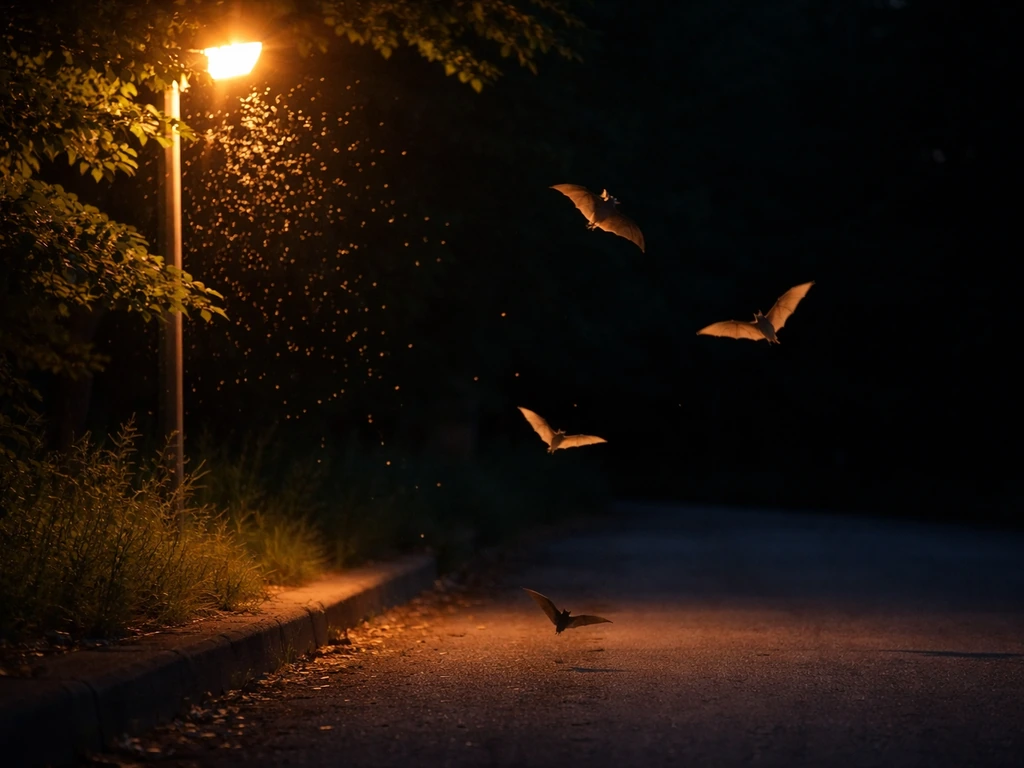 Dusk street edge with insects near warm streetlights and a few bats swooping out of the dark.