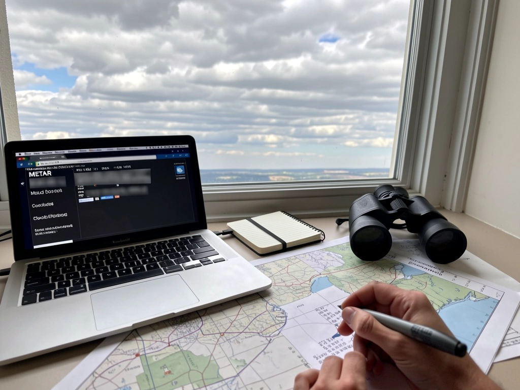 Binoculars and weather notes beside a window with a broken cloud deck for cloud-ceiling planning.