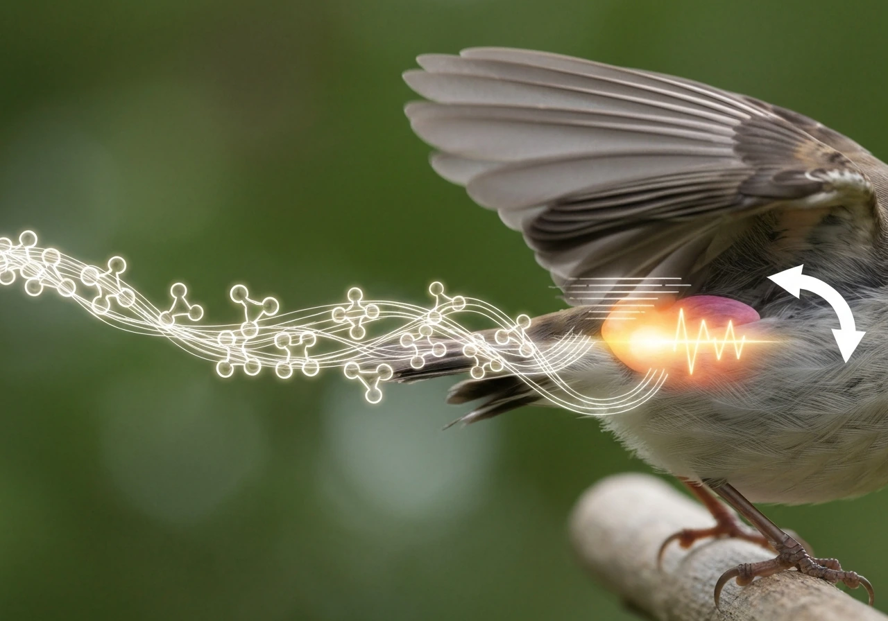 Close-up of a bird wing mid-flap with glowing ATP-like light trails flowing into wing muscles.