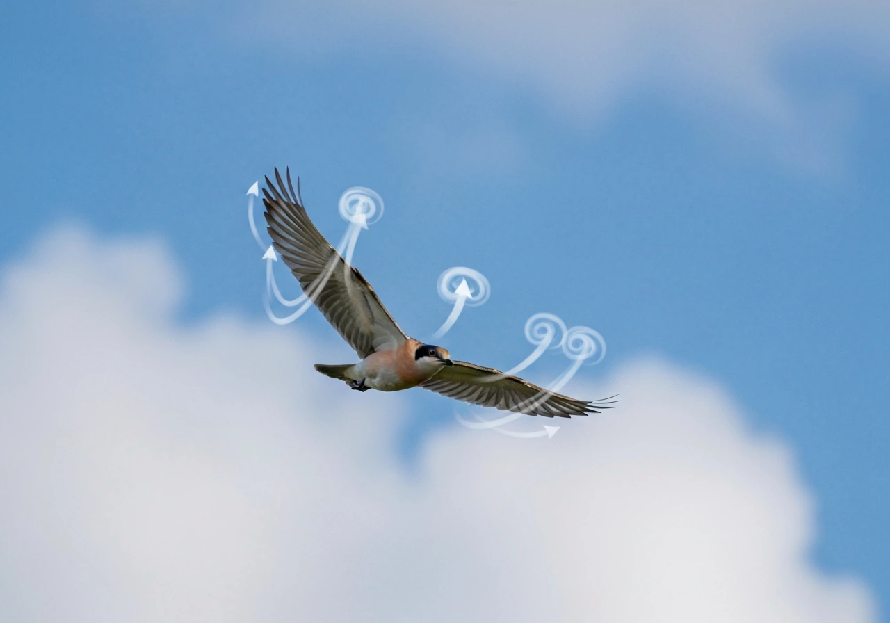 A bird gliding in open sky with realistic smoke flow showing lift upward and drag trailing behind.
