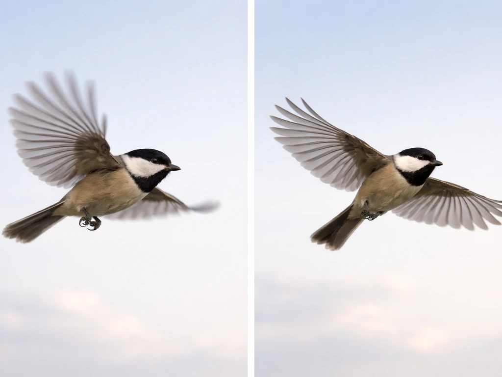 Split sky scene comparing a bird flapping with wing motion blur versus gliding with wings held steady.