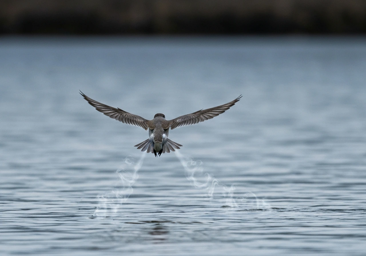 A small bird hovers above water with wings beating fast and faint airflow wisps trailing downward.