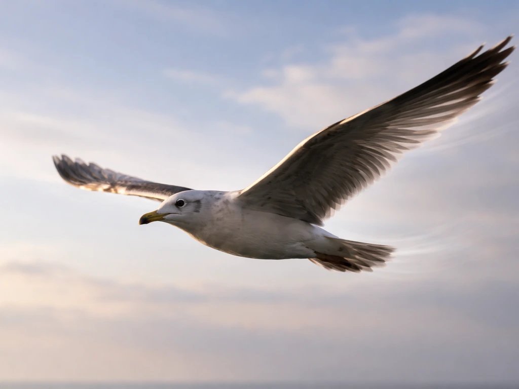 A bird gliding in profile with wings spread against a bright sky, showing flight and lift through motion blur.