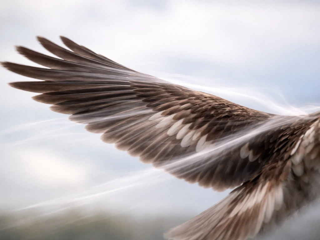 Close-up of a bird wing with natural airflow streaks showing lift over the curved top and thrust behind.