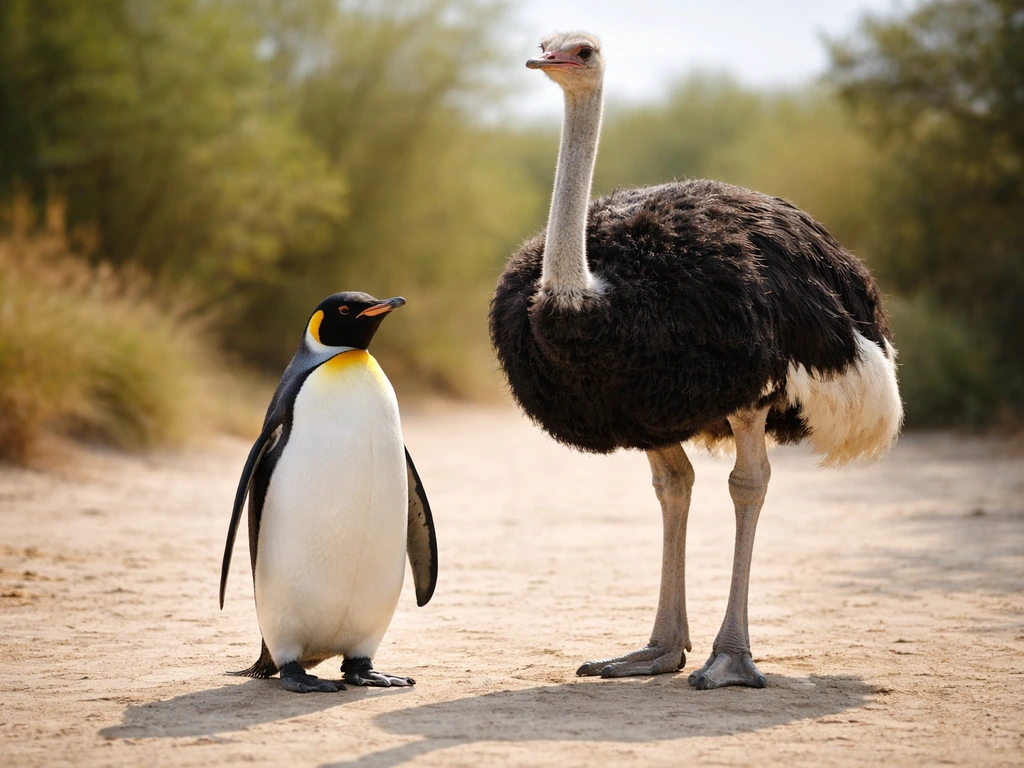 Penguin and ostrich in a minimal natural setting, showing reduced flight wings and body shape