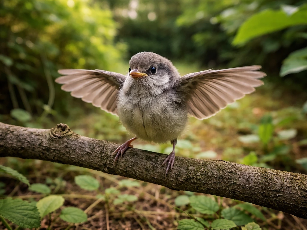 Young passerine fledgling perched on a branch, wings half-spread as it practices flying.