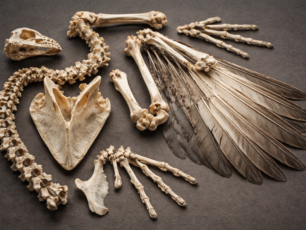 Close-up of a minimal bird anatomy model showing hollow bones, keeled sternum, wing joints, and feathers.