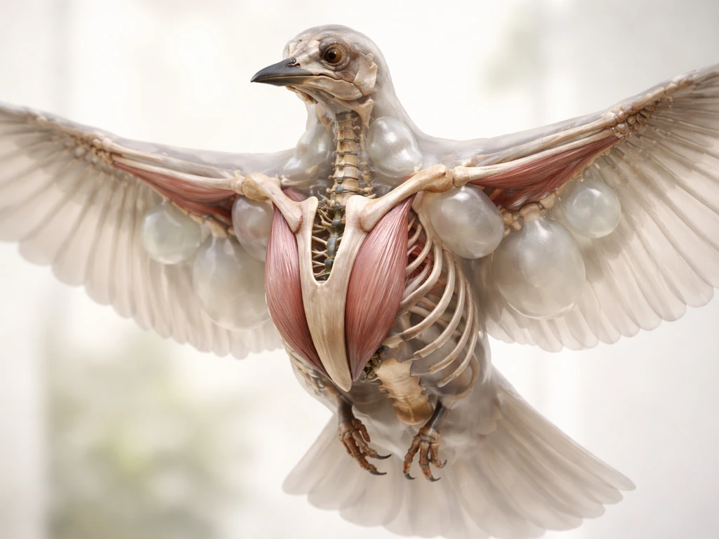 Cutaway view of a bird’s hollow pneumatised skeleton and sternum keel muscle attachments.
