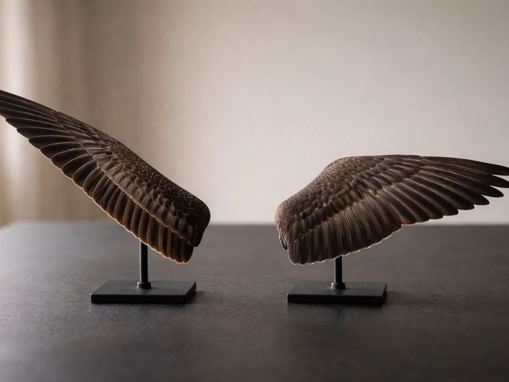 Two generic bird wing shapes side-by-side on a dark tabletop under soft natural light.