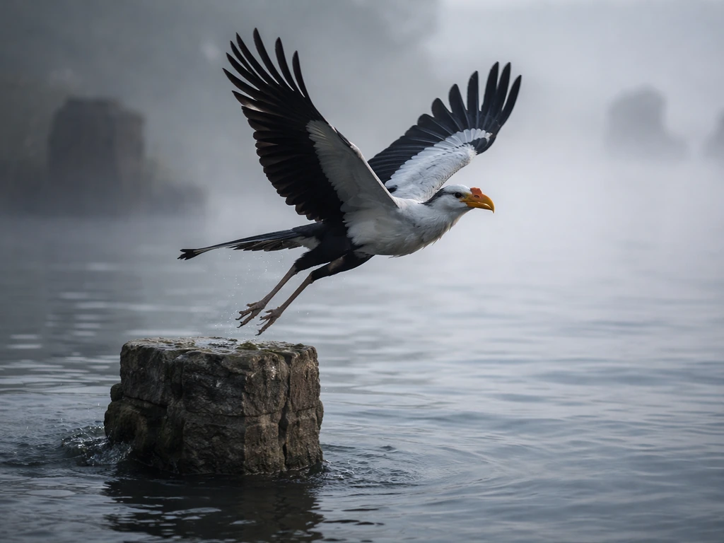 Cinematic still of a secretary bird launching off a flooded stone pillar in a minimal setting
