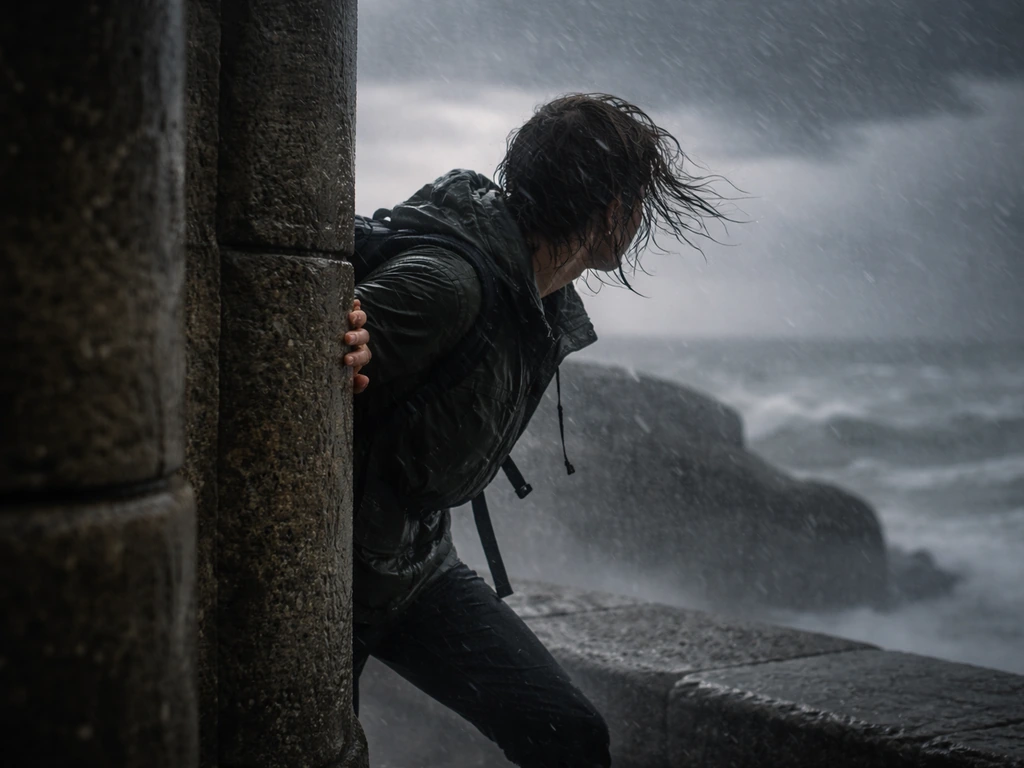 A lone figure bracing near stone pillars in a storm, tense posture suggesting they’re about to flee