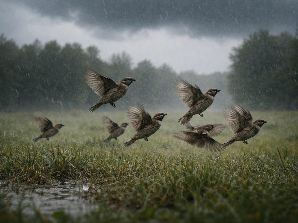 Small flock of migratory birds lifting off as dark clouds bring rain and gusty winds.