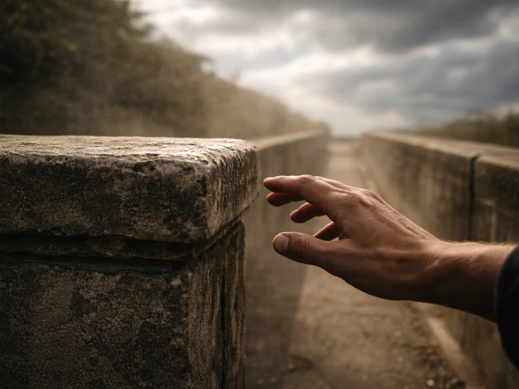 Close-up of a hand checking a stone pillar edge while wind and storm cues stir the scene.