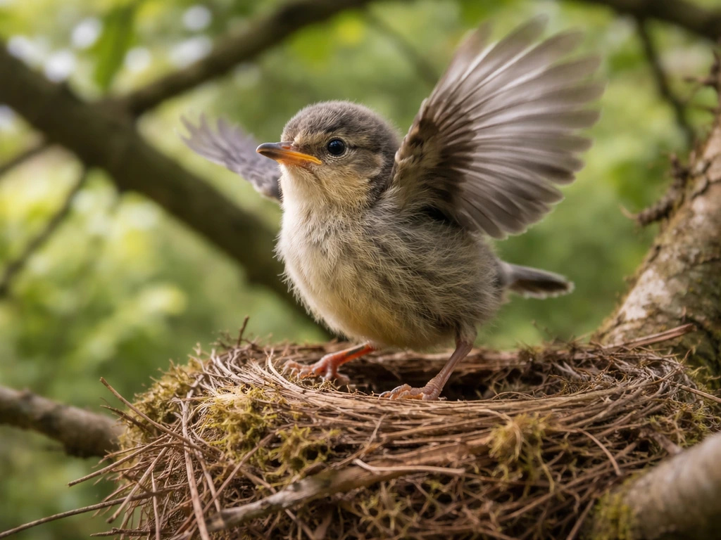A fledgling flutters at the nest edge with wings out against tree branches.