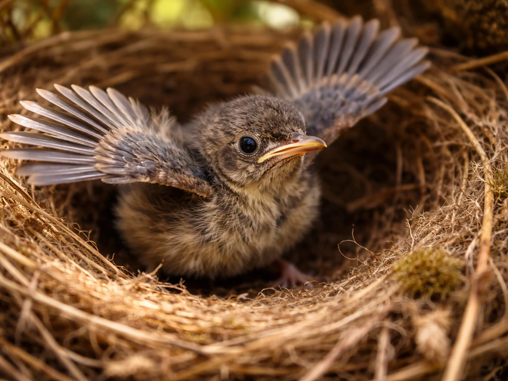 Nestling in a bird nest flapping wings as primary feathers emerge, warm natural light.