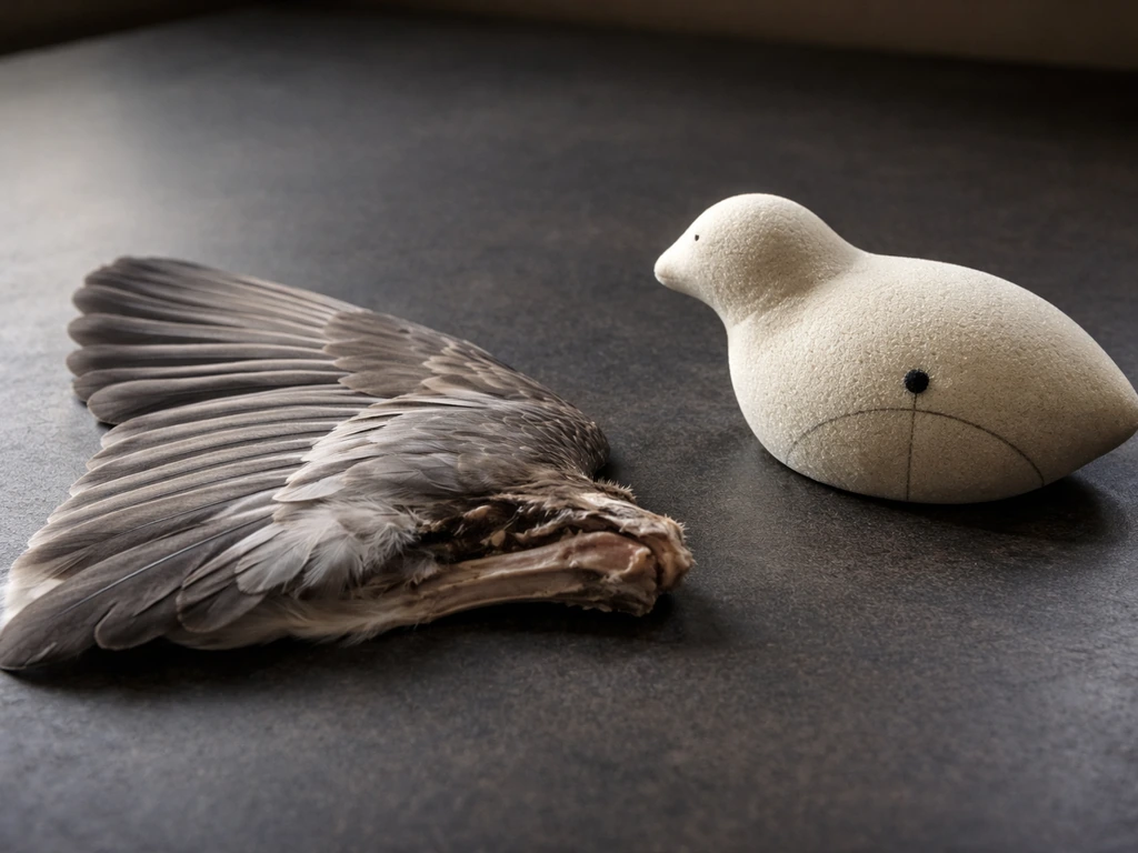 Macro photo of a bird wing showing camber, with a small body model and center-of-gravity dot beside it.