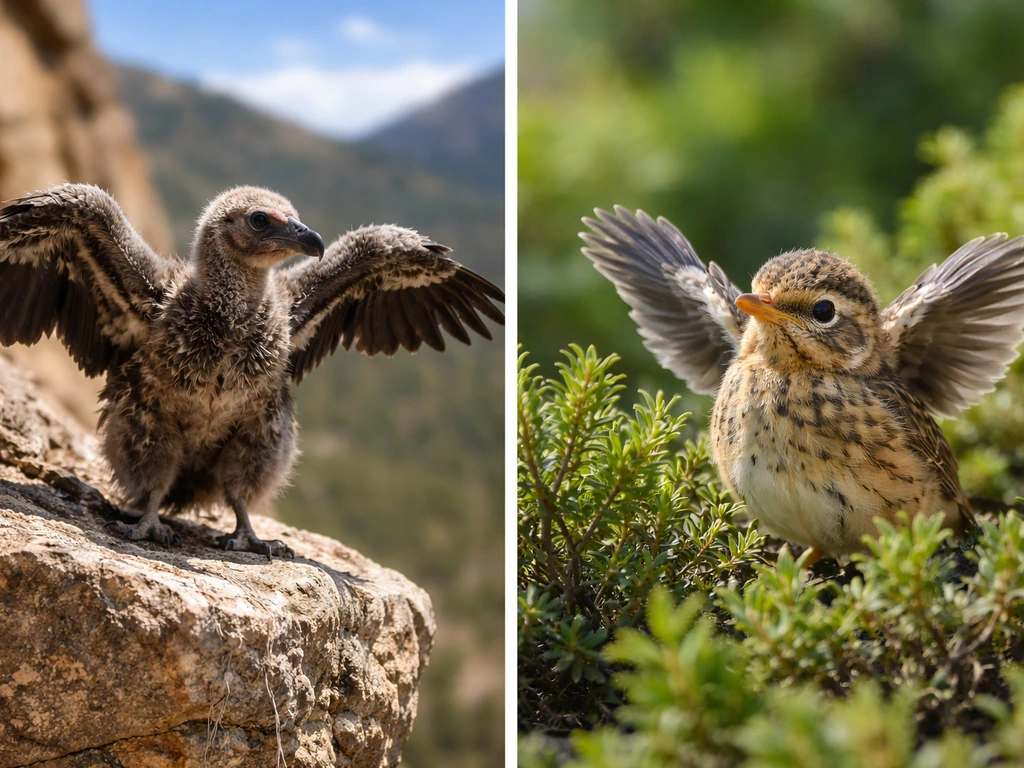 Left cliff raptor fledgling with wings spread; right shrub passerine fledgling ready to flap.