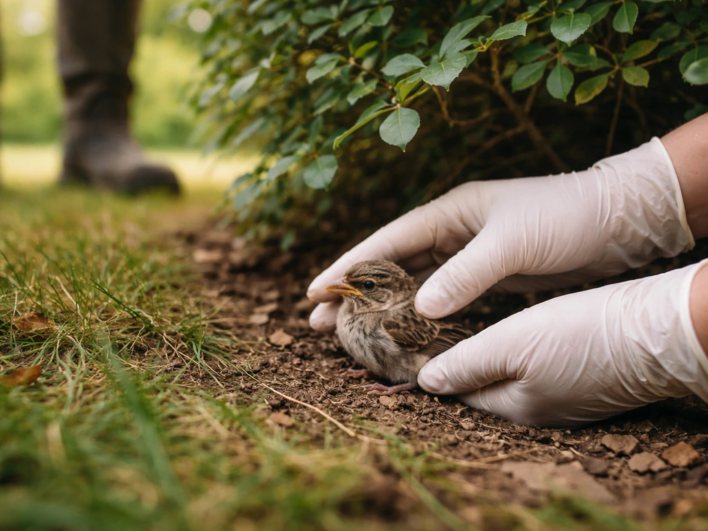 Gloved hands gently place a small fledgling onto grass near a sheltered shrub under supervision