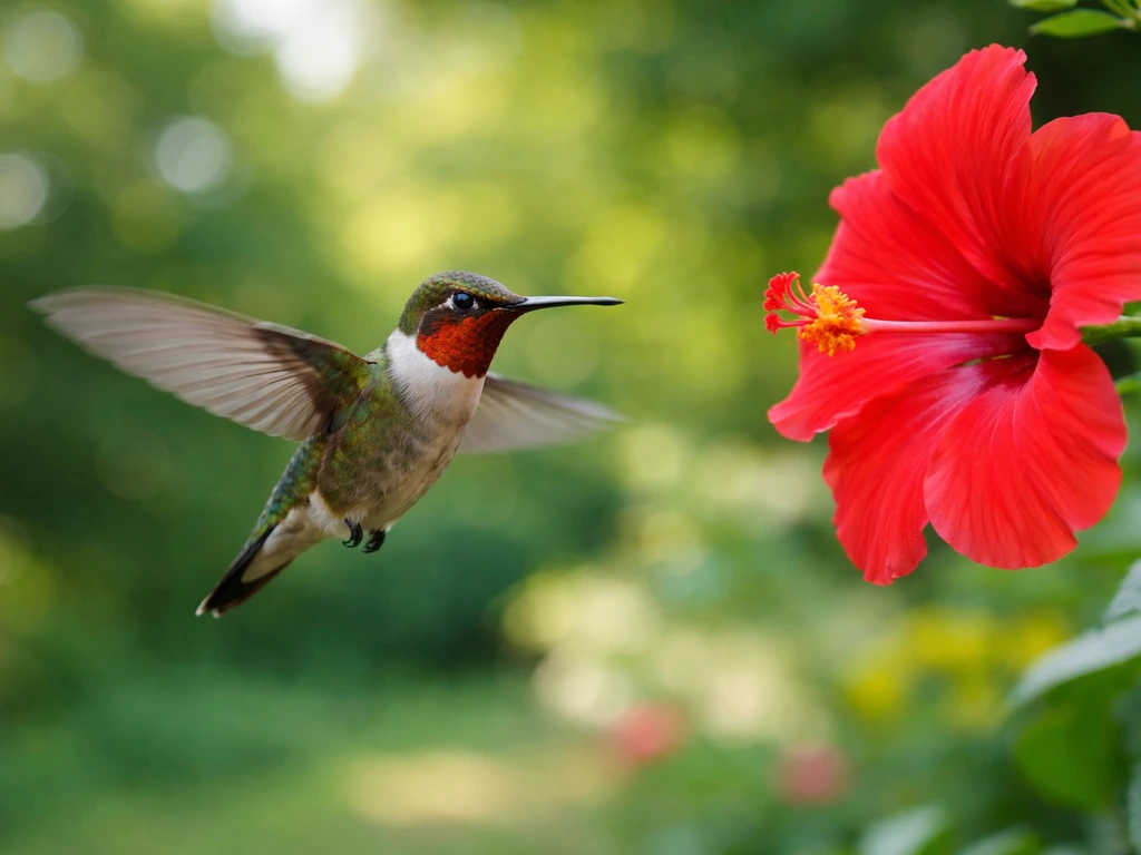 Hummingbird hovering motionlessly in front of a red flower, wings blurred, frozen-in-air look.