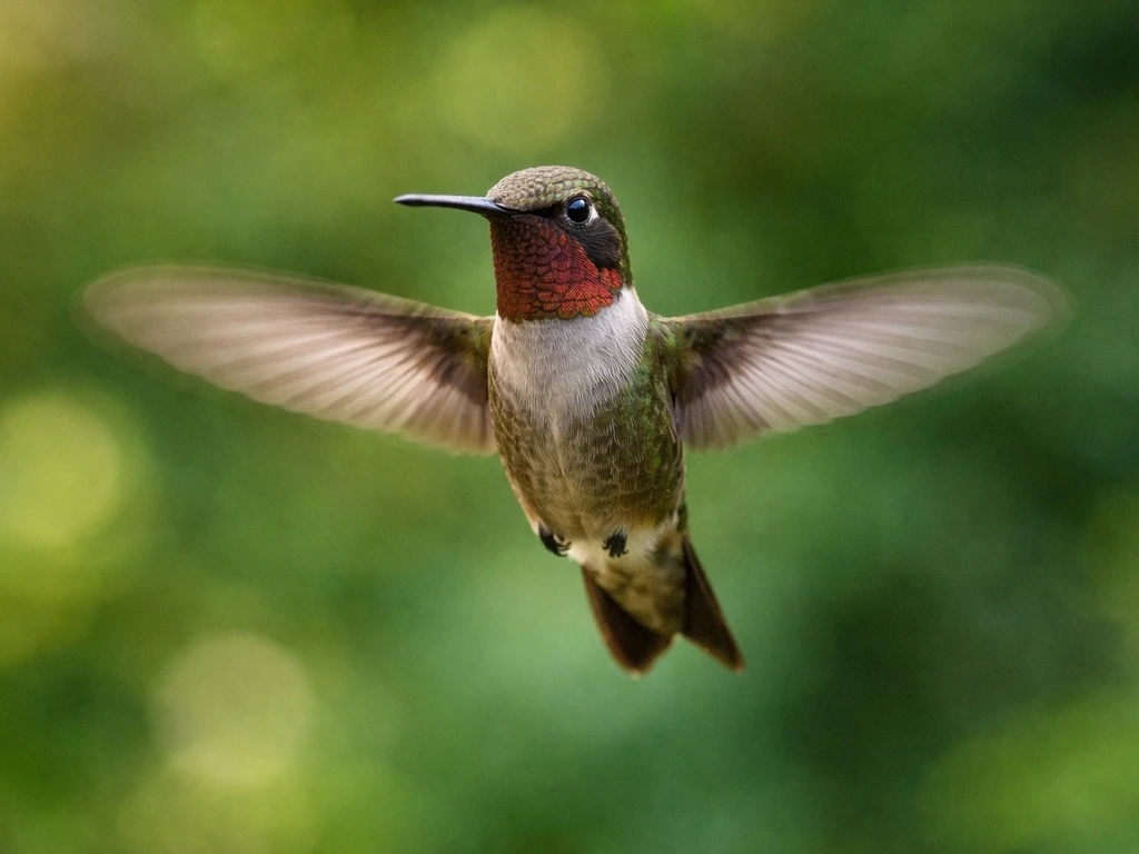 A hummingbird hovering in midair, wings blurred, facing forward against a soft green background