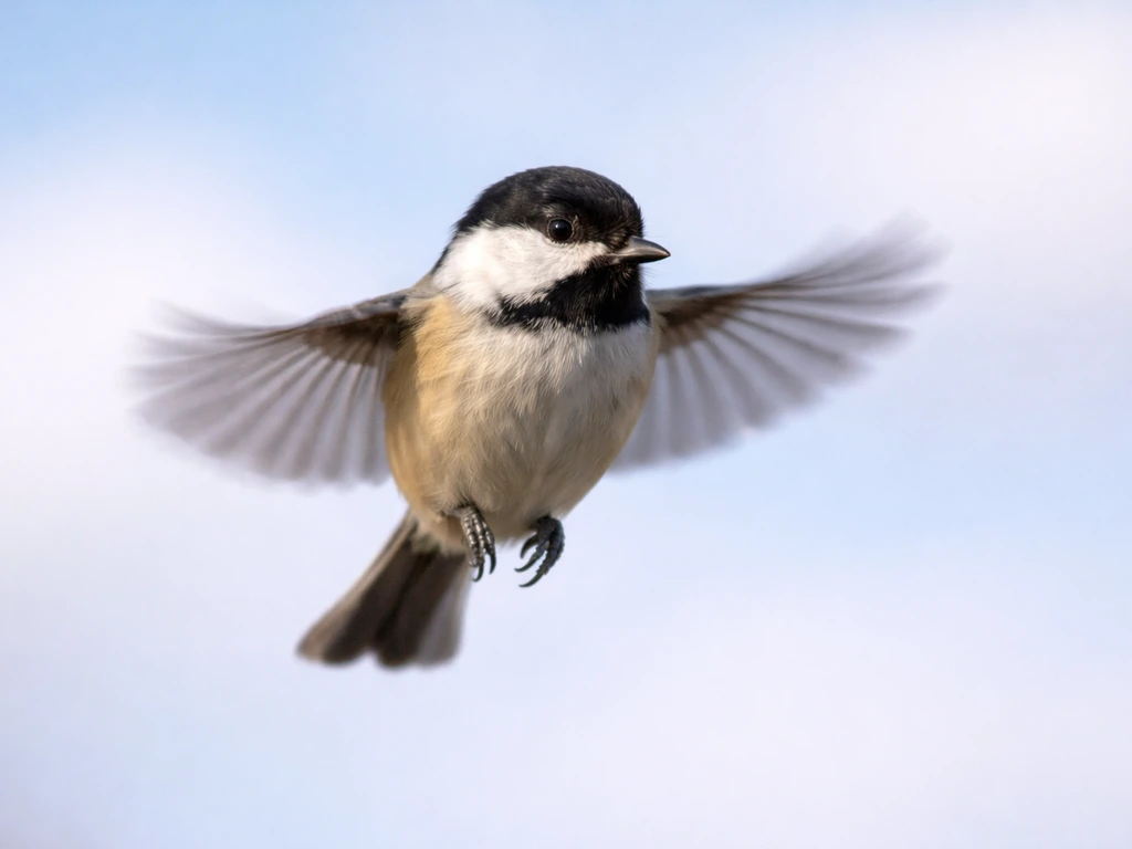 Small bird hovering in place, head and eyes fixed forward, wings adjusting to maintain position.