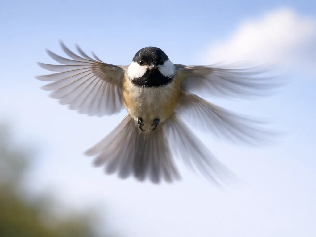 Bird in flight with wing positions showing frozen and blurred motion from camera rate illusion.