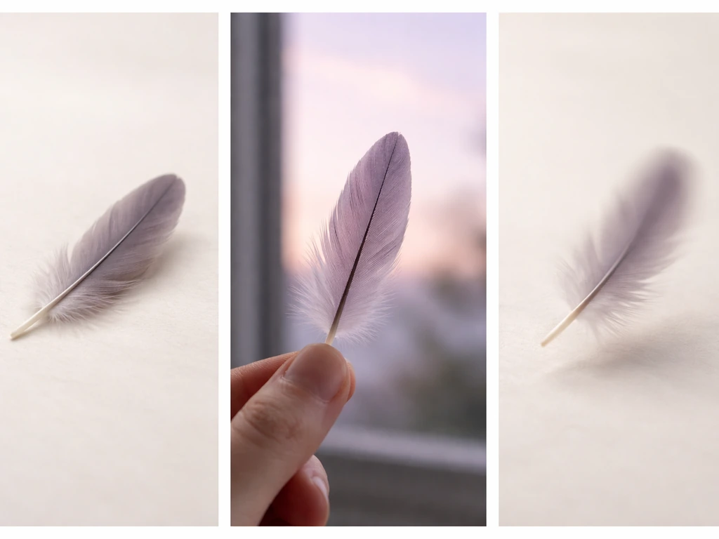Triptych of a bird feather: true plum purple tone, twilight color cast, and motion-blurred feather.