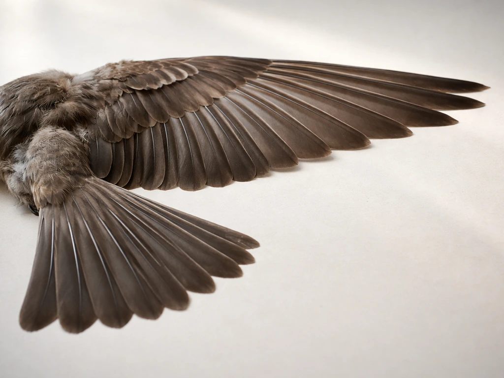 Close-up of a bird wing and tail laid open to show feather groupings on a neutral surface.