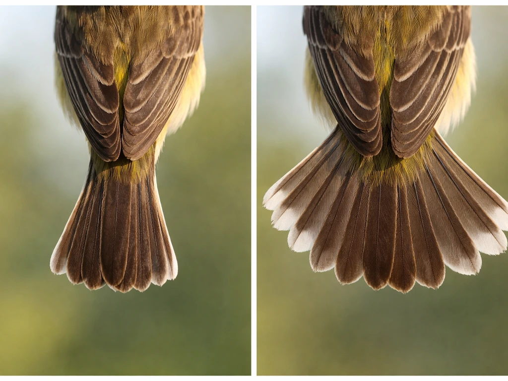 Close-up photo of a bird tail fan showing rectrices spread and slightly tilted, with two contrasted positions