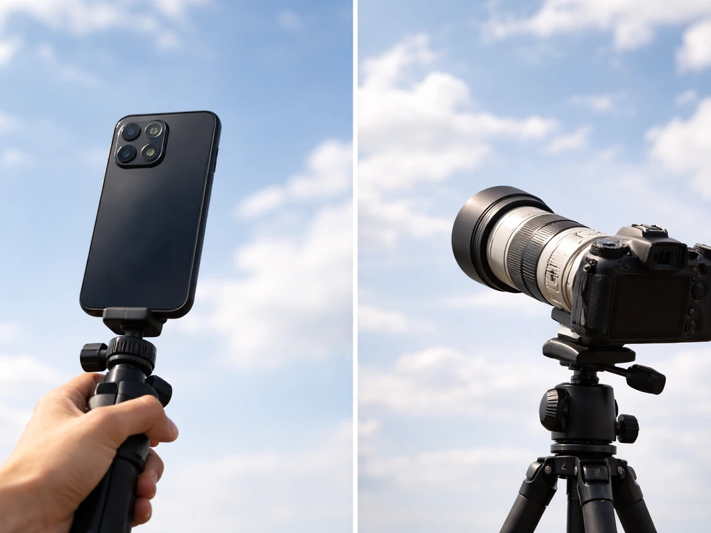 Split view of a smartphone on a small tripod versus a telephoto camera on a tripod aimed at birds in sky.