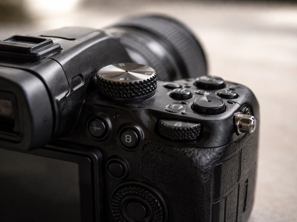 Close-up of a DSLR/mirrorless camera’s dials and control wheel for sharp slow-motion settings.