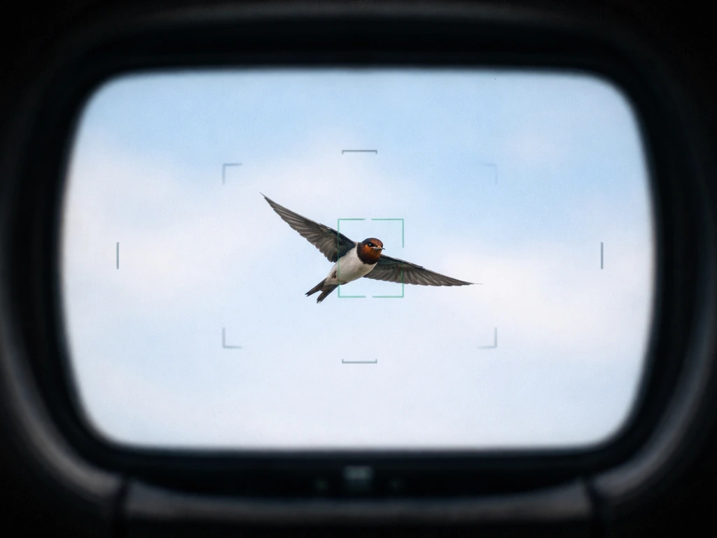 Camera view through the viewfinder with a sharply focused bird in flight and subtle AF tracking lock.