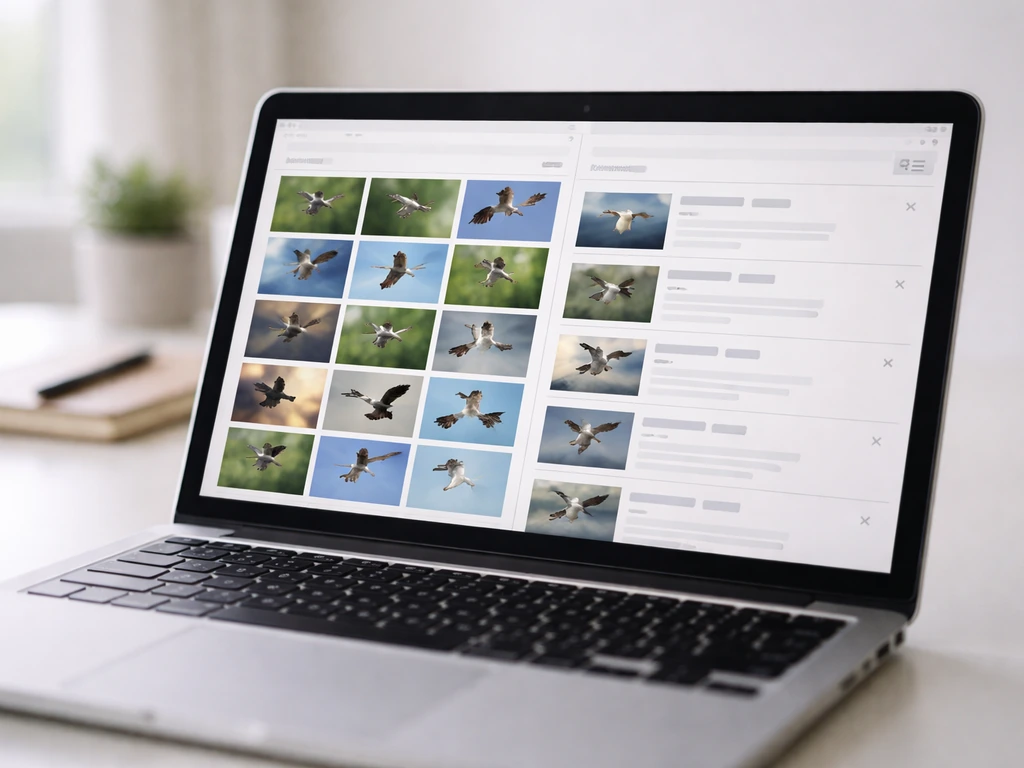 Laptop screen browsing GIF thumbnails of birds and wildlife archive search results.