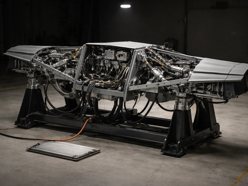 Grounded iron-bird flight-test rig with hydraulic and control hardware ready for troubleshooting