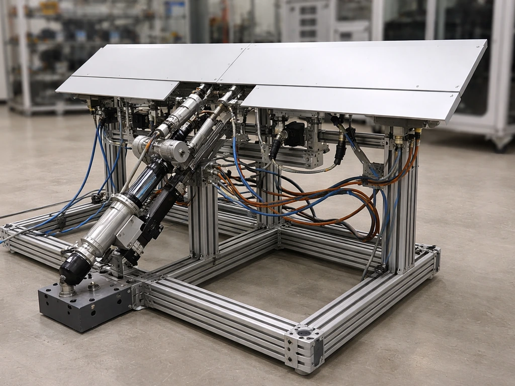 Ground-based aircraft iron bird test rig with hydraulic lines, sensors, and a control surface mockup on a stand.
