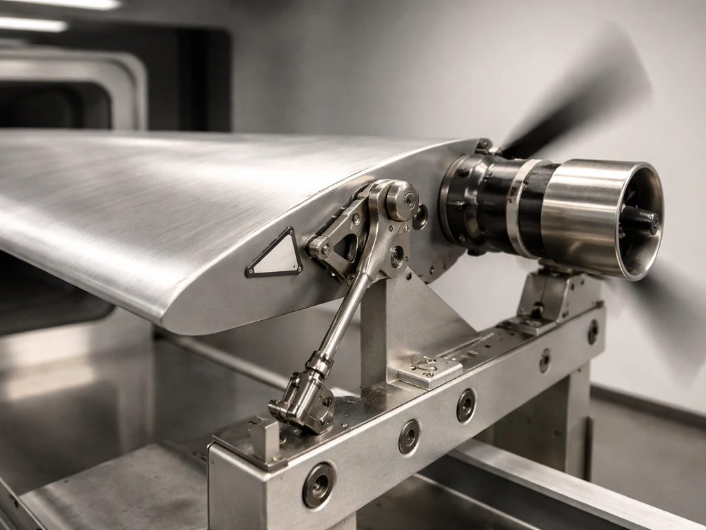 Minimal scale-model airfoil in a lab rig showing lift angle, thrust alignment, and control linkage details.