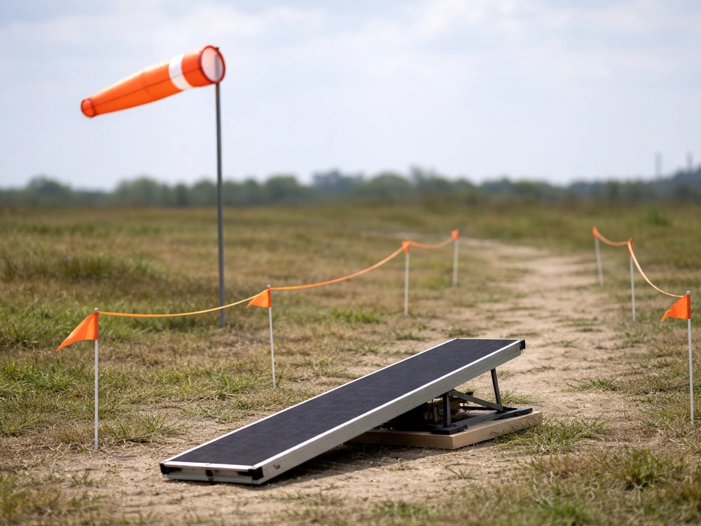 Windy outdoor bird-launch setup with a wind sock and simple ramp, showing turbulence and obstacles
