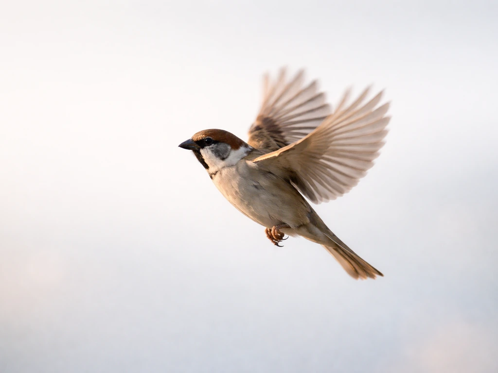 A small bird mid-wingbeat in slow-motion against a clear sky, wings extended and sharply detailed.