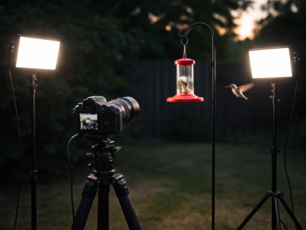 Close-up of a camera rig with studio lights aimed at a hummingbird feeder, showing motion blur.