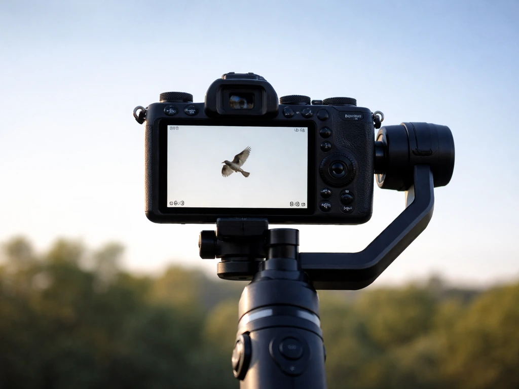 Camera on a gimbal tracking a small bird in flight against a bright sky