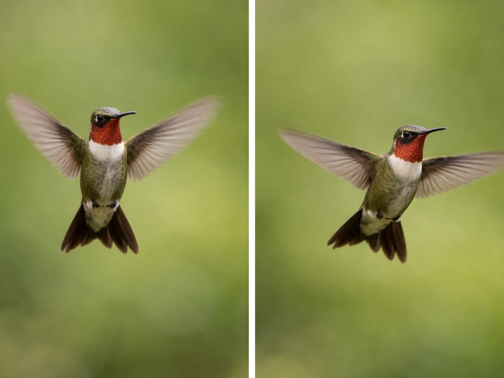 Two moments of a hummingbird hovering side-by-side, wings distinct in slow-motion phases.