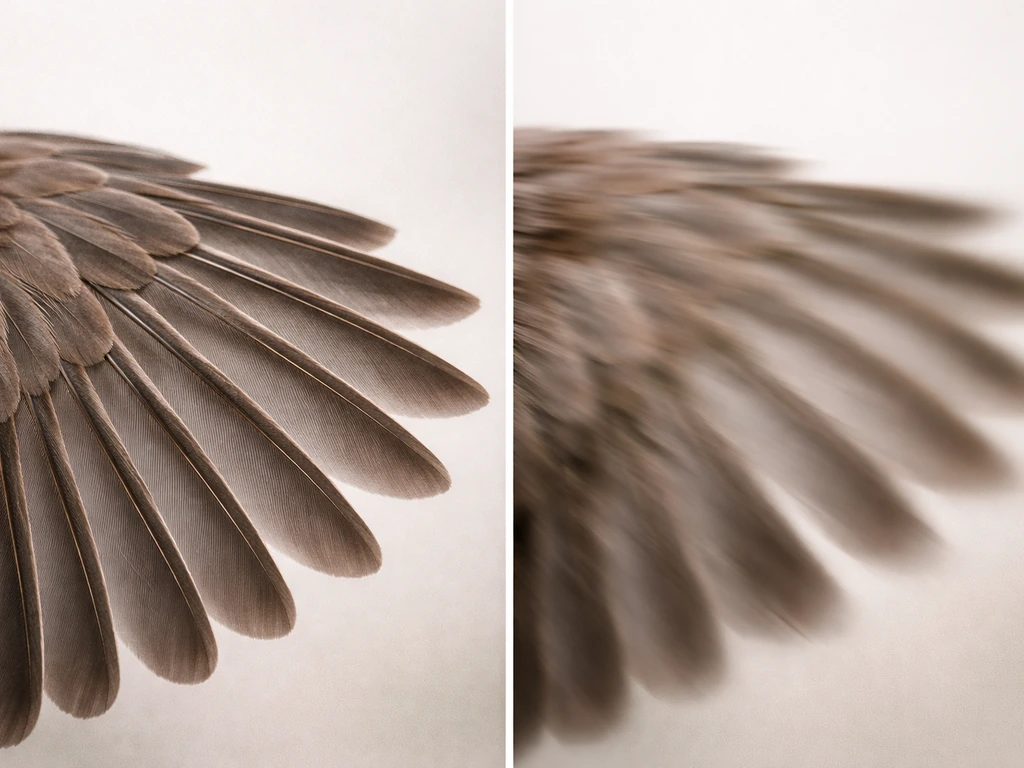 Macro wing feathers split between tack-sharp detail and motion-blurred smear on a neutral background.