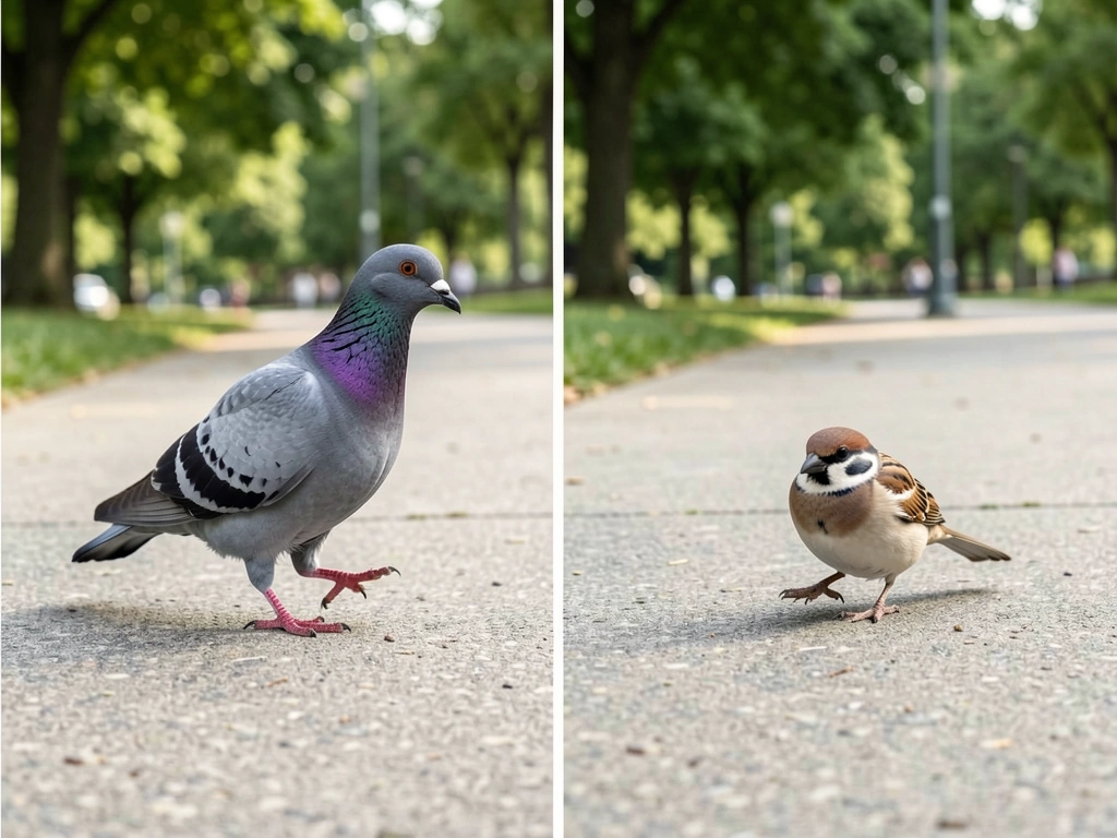 Pigeon walking beside sparrow hopping to show alternating feet vs two-foot hops