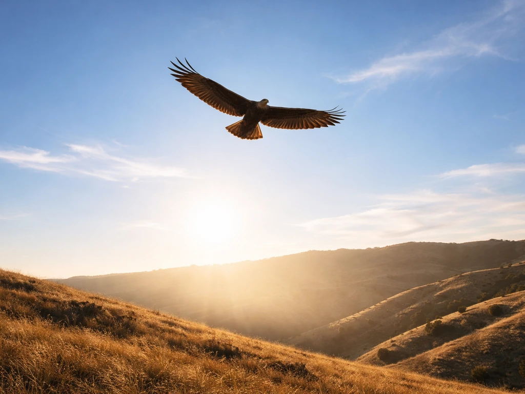 Sunlit raptor soaring over open terrain on a bright ridge, wings extended in rising air.