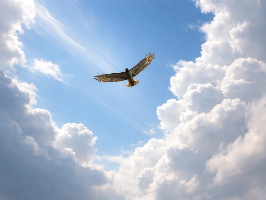 A small bird gliding upward on rising air currents against a bright, airy sky
