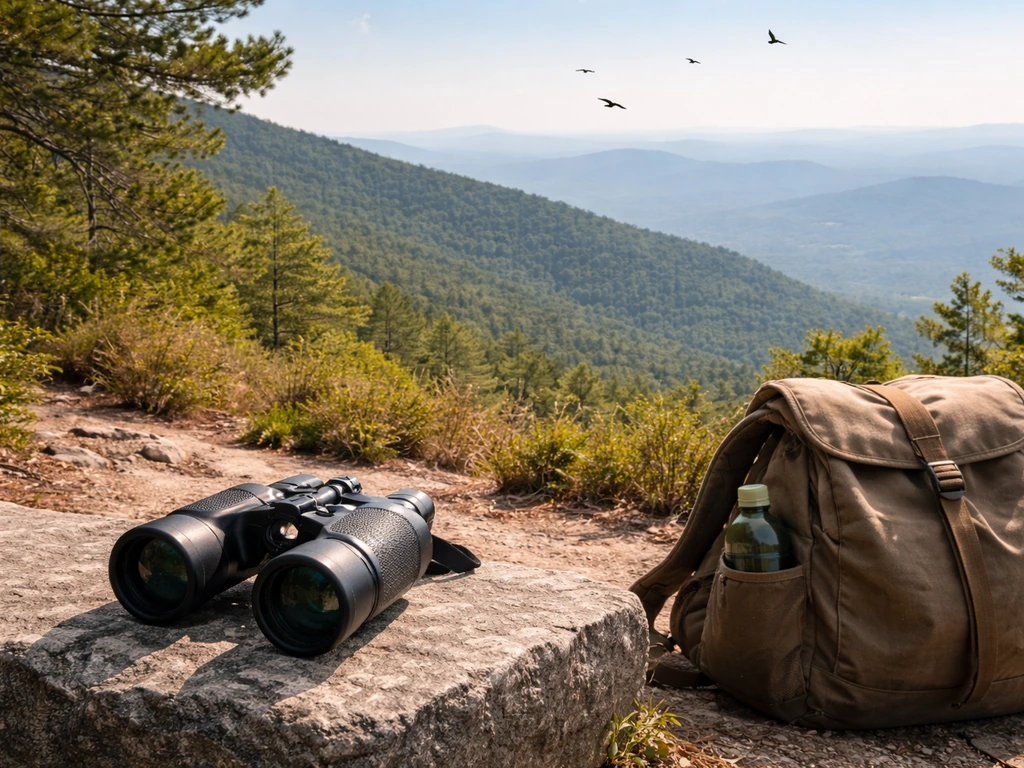 Binoculars on a quiet overlook as soaring birds glide in the distance over open terrain