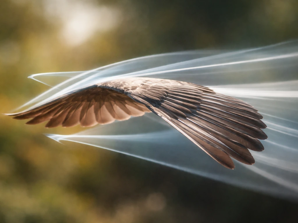 Close-up of an extended bird wing with subtle light streaks showing angle of attack and airflow.