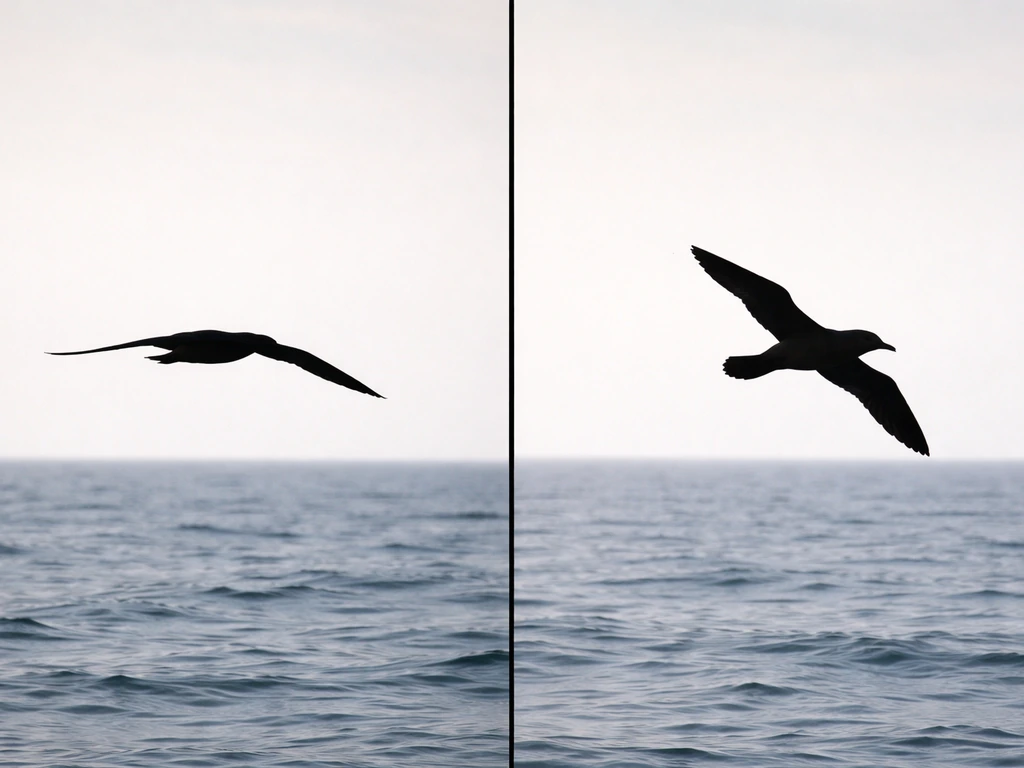 Minimal side-by-side nature scene showing two anonymous seabird silhouettes gliding with different wing shapes