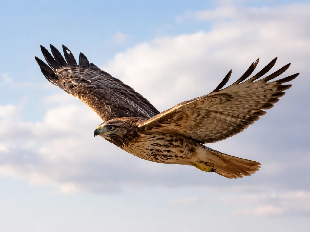 Single raptor gliding in open sky with wings clearly visible and feather detail emphasized.